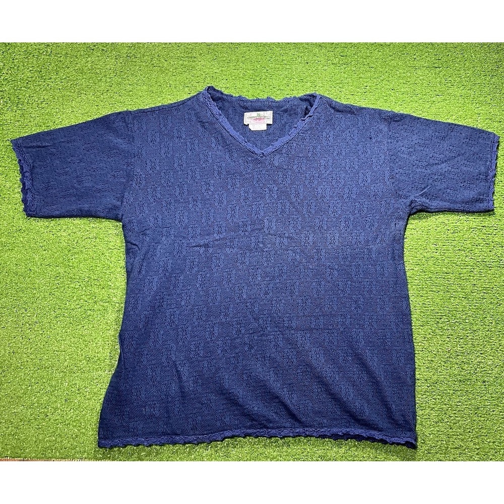 Vintage Crochet Knit Blouse Medium 80s Navy Blue Cotton Rayon Gina Peters